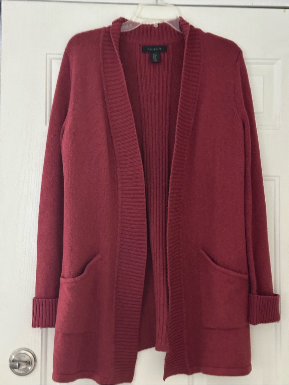 Tahari Open Front Ribbed Knit Long Cardigan Sweater Pockets Burgundy Wine Medium